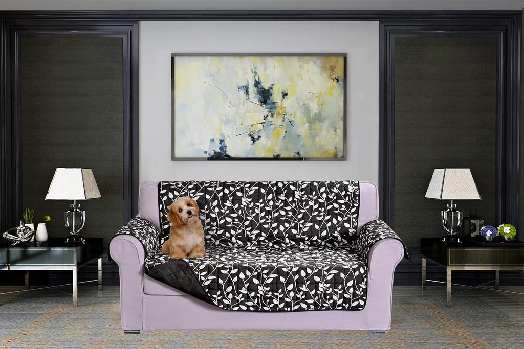 Elegant Comfort Quilted Furniture Protectors Solid and Printed Design Reversible Slipcovers Featuring Elastic Straps and Smart Pockets Great for Pets, Kids and More, Smart Leaf Loveseat, Sage