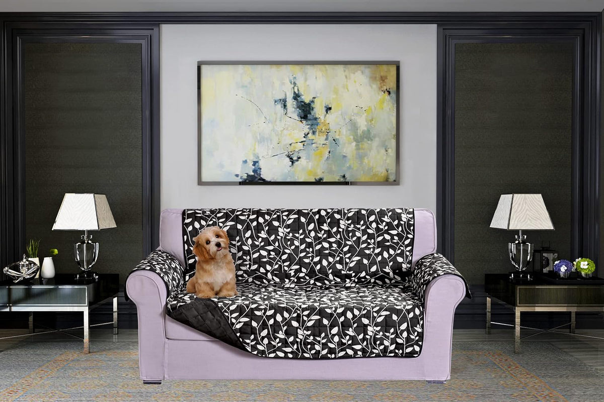 Elegant Comfort Quilted Furniture Protectors Solid and Printed Design Reversible Slipcovers Featuring Elastic Straps and Smart Pockets Great for Pets, Kids and More, Smart Leaf Loveseat, Sage