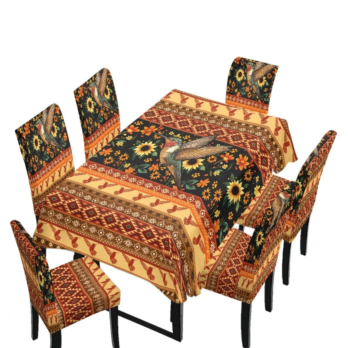 Table Cloth Rectangle Table Set of 7 Include Kitchen Chair Covers and Tablecloths for Dining Room Hotel Banquet, Anti-Scratch Chair Seat Protector Cover, Daisy Hippie Flower Print