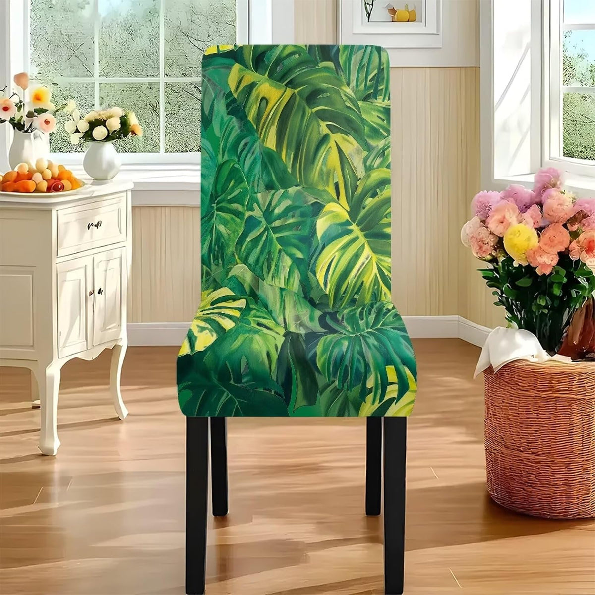 GLENLCWE Monstera Leaf Universal Dining Table Cover with Chairs Dining Table Cover with Chair Covers 7 Pcs, Dust Proof Green Kitchen Party Stretch Elastic Bottom Slipcovers