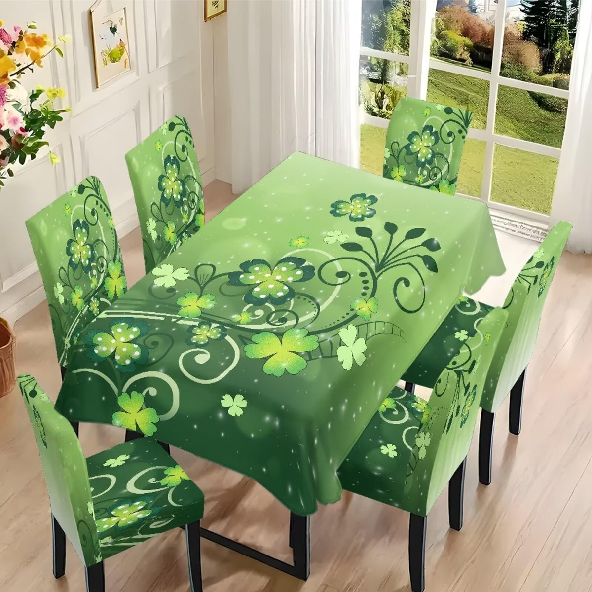ZDCUSTOM St Patricks Day Table Cloth and Chair Cover Set of 4 Green Tablecloths Rectangular Festive Chair Covers for Dining Chairs St. Patrick’s Day Decoration