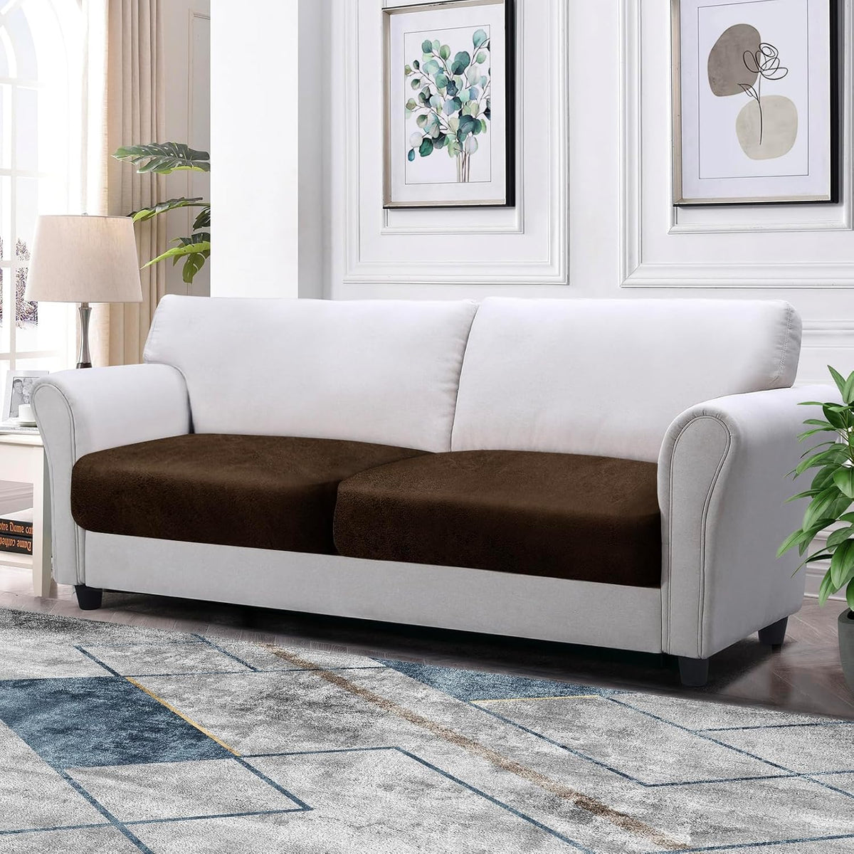 Loveseat Cushion Covers Leather-Look 2PC Stretch Love Seat Slipcover Sets for Living Room Individual Couch Seat Protector, Pet-Friendly, Non-Slip, Easy Fit - Coffee