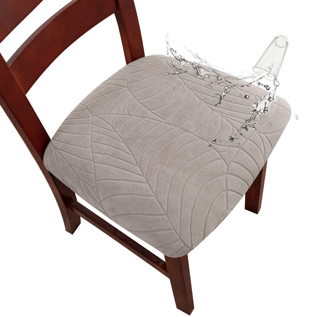 Genina Waterproof Seat Covers for Dining Room Chairs, Stretch Chair Seat Covers Removable Washable Dinning Room Kitchen Chair Cushion Slipcovers (Leaves-Taupe, 4 PCS)
