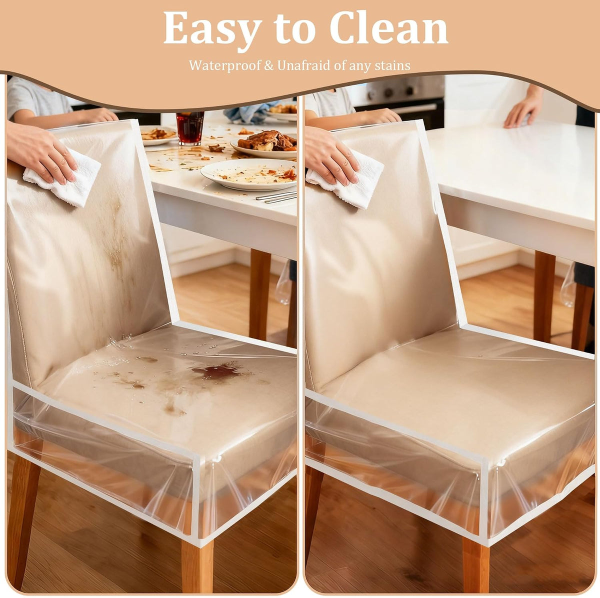 4 Pack Dining Chair Covers, Waterproof Clear Plastic Chair Covers for dining chairs, Plastic Seat Chair Protector Keep Chair Away from Water Dust Stain and Pet Claws W/21 x D/18 Fits Seatbacks 16-23"
