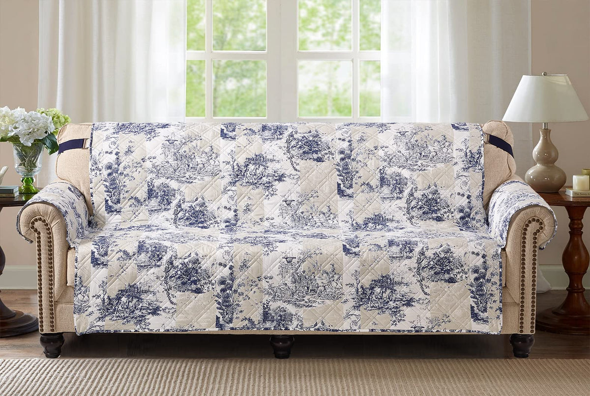 Brilliant Sunshine Blue Toile Couch Loveseat Slip Cover for Dogs