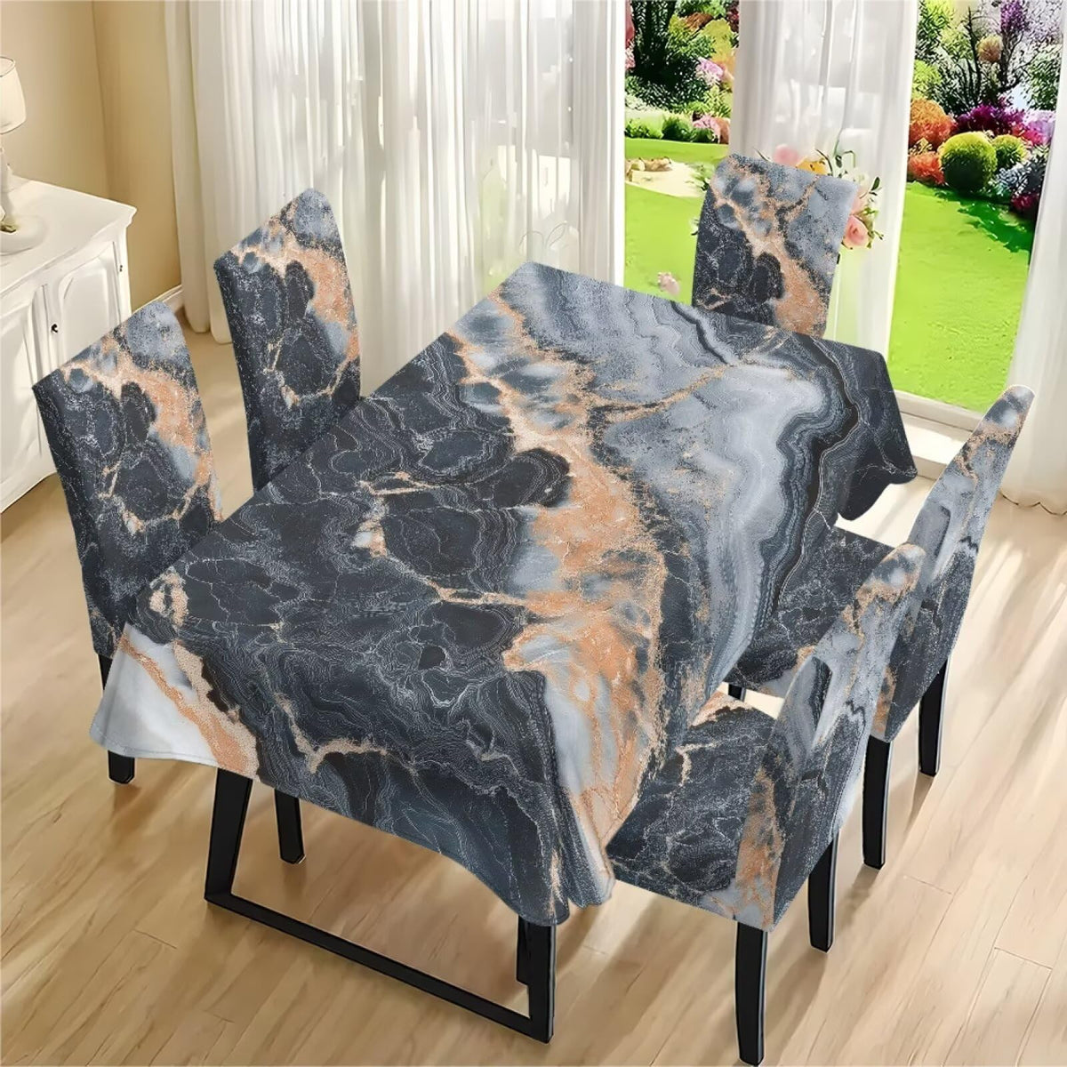 Thanksgiving Themed Dining Room Chair Cover and Tablecloths 5 Packs, Fall Leaf Print Kitchen Chair Seat Slipcovers Anti-Wrinkle Table Protector for Thanksgiving Day Party