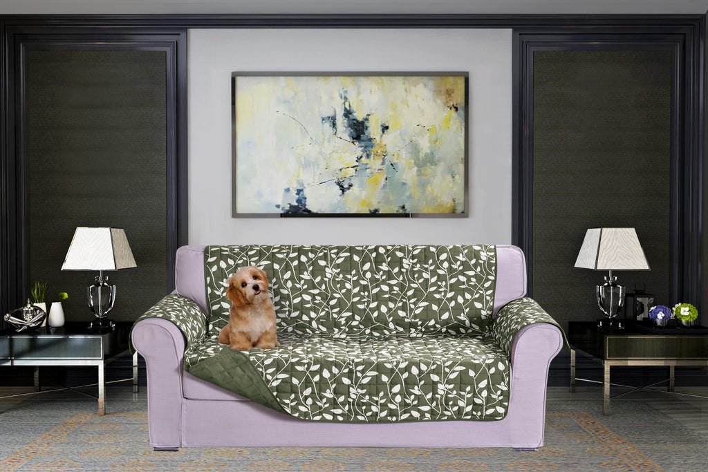 Elegant Comfort Quilted Furniture Protectors Solid and Printed Design Reversible Slipcovers Featuring Elastic Straps and Smart Pockets Great for Pets, Kids and More, Smart Leaf Loveseat, Sage