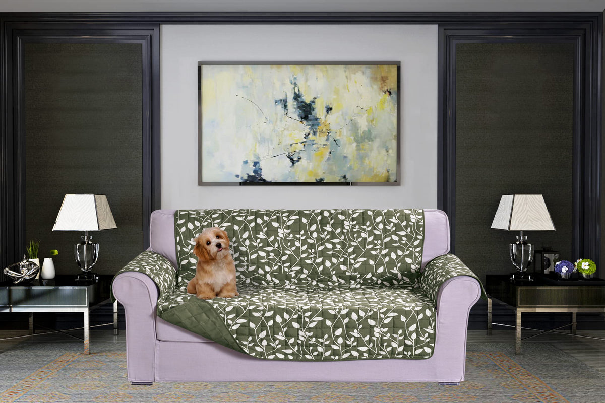 Elegant Comfort Quilted Furniture Protectors Solid and Printed Design Reversible Slipcovers Featuring Elastic Straps and Smart Pockets Great for Pets, Kids and More, Smart Leaf Loveseat, Sage