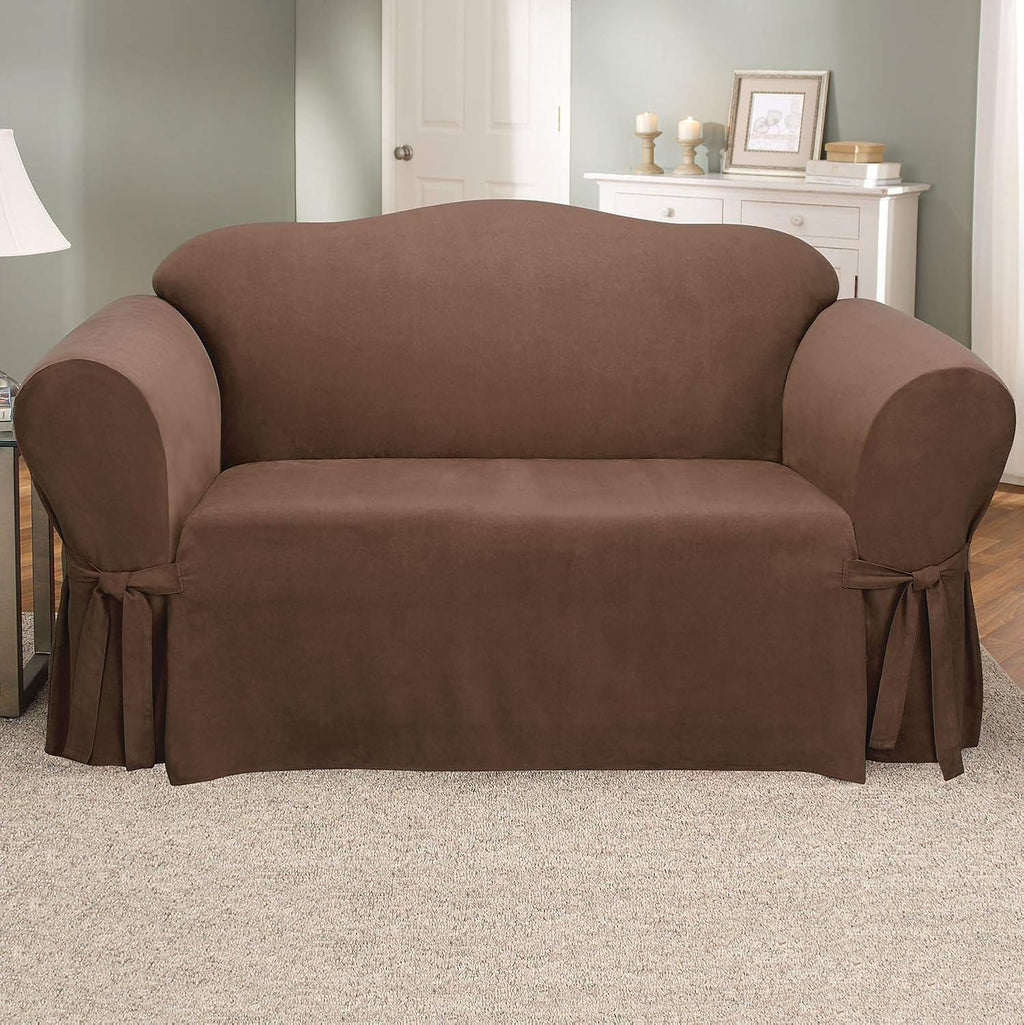 SureFit Home Décor Soft Suede Box Cushion Loveseat One Piece Slipcover, Relaxed Fit, Polyester, Machine Washable, Chocolate Color