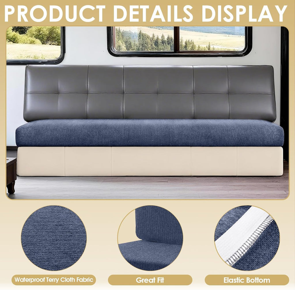 Waterproof RV Dinette Cushion Covers - Stretch Fabric Camper Seat Slipcover Replacement, Washable RV Couch Cover Designed for Camper Car Bench (Loveseat 2 Bench Cover, Blue Grey)