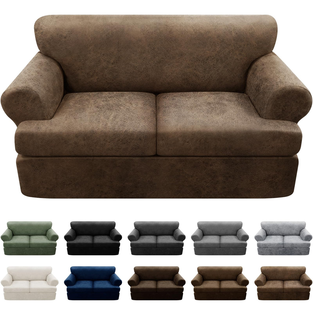 3-Pieces T Cushion Loveseat Slipcovers Leather Look Couch Cover Loveseat Covers for 2 Cushion Couch Furniture Protector Stretch Sofa Cover with 2 Individual T Cushion Seat Covers, Brown