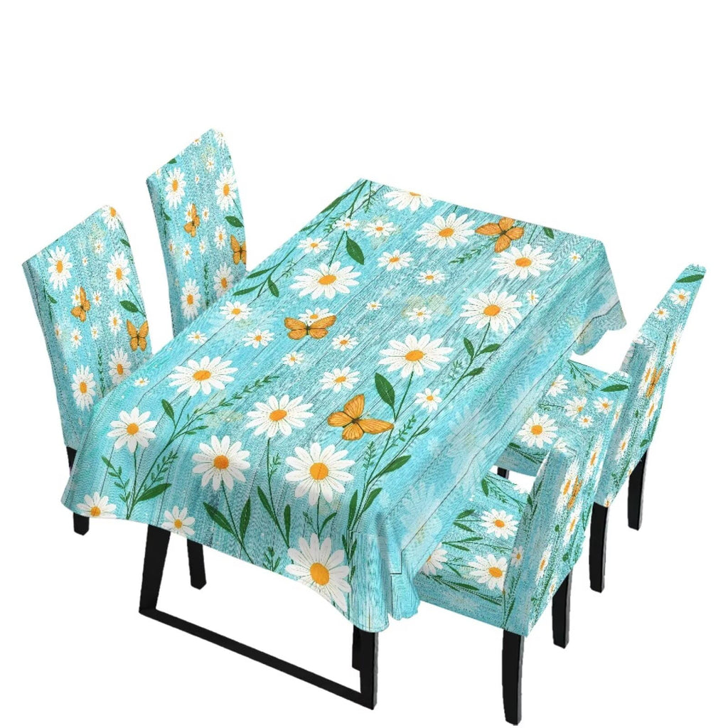 5 Pack Dining Room Chair Cover Set and Table Cloth Rectangle, Dust Proof Machine Washable Tablecloths Comfortable Chair Seat Slipcovers for Restaurant Decor, Abstract Fluid Marble