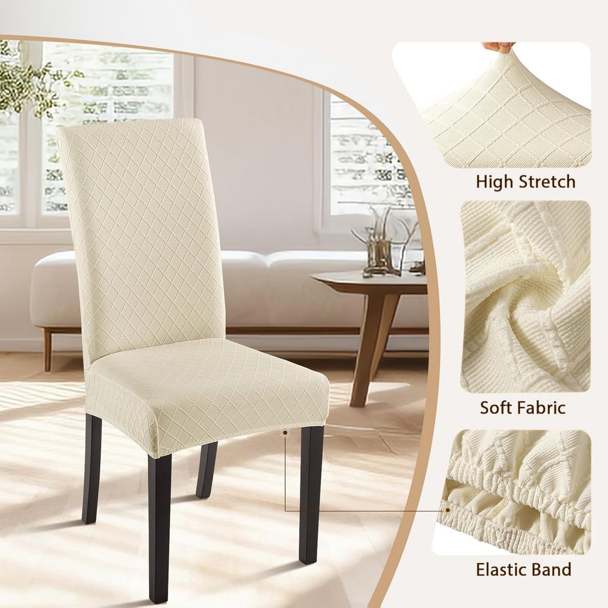 SearchI Dining Room Chair Covers Set of 6, Stretch Jacquard Parsons Chair Slipcovers Super Fit Removable Washable Kitchen Chair Protector Cover for Dining Room, Hotel, Ceremony (Beige Rhombus)