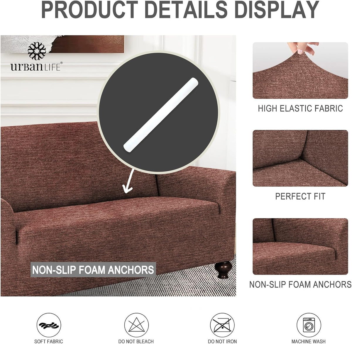 URBANLIFE 1-Piece Stretch Sofa Covers for 2 Cushion Couch, Chocolate