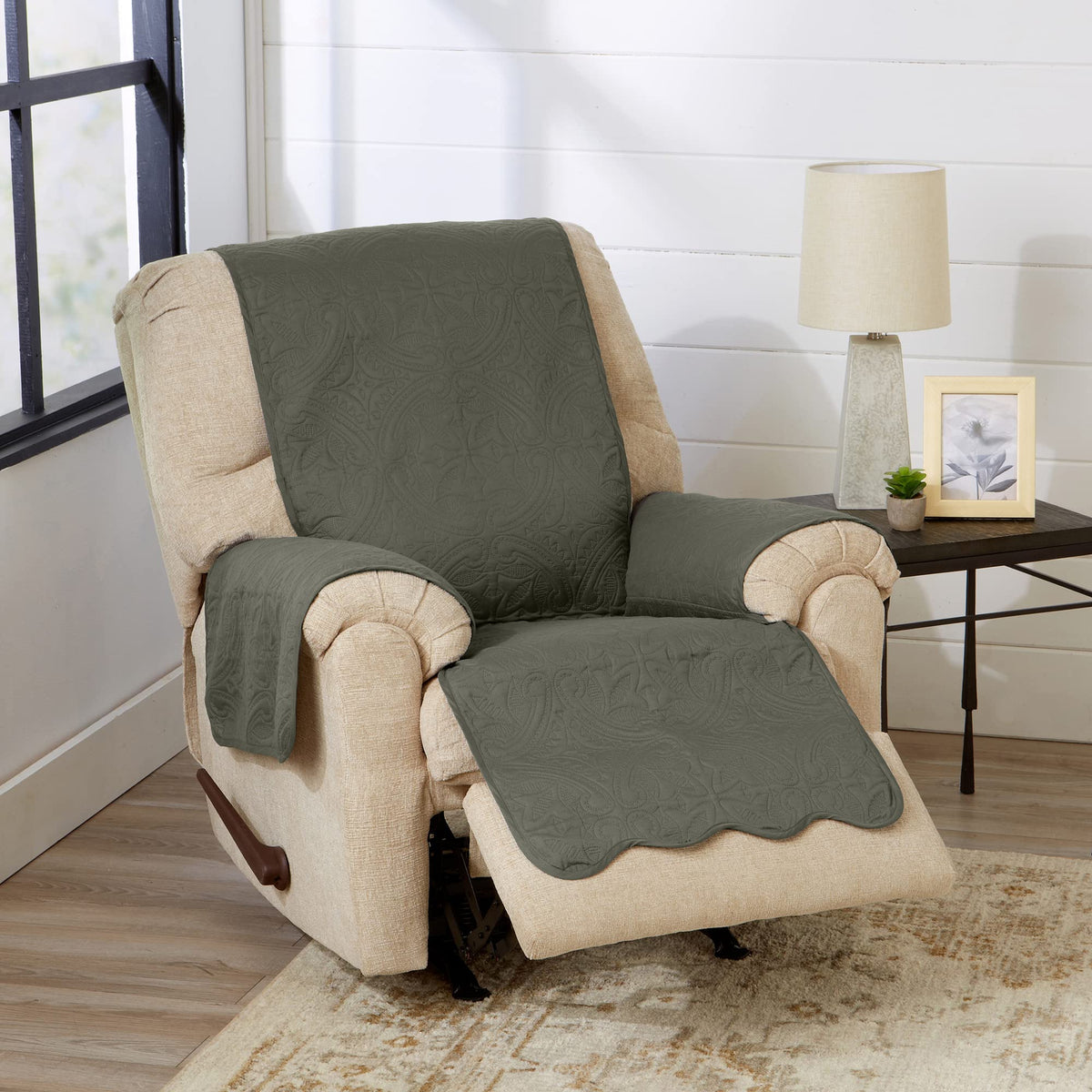 Great Bay Home Reversible Patchwork Sofa Cover - Washable Slipcover Furniture Protector with Elastic Straps - Perfect for Kids & Pets - Box-Stitched Detail (Taupe)