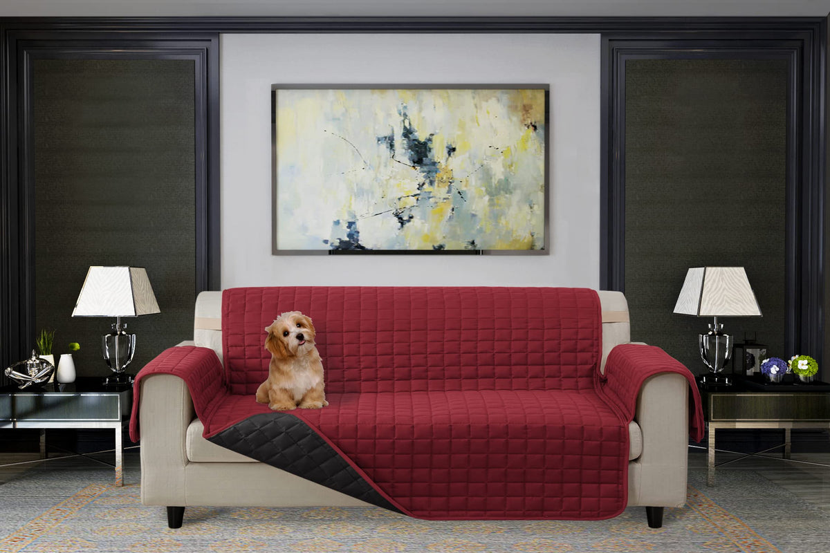 Elegant Comfort Quilted Furniture Protectors Solid and Printed Design Reversible Slipcovers Featuring Elastic Straps and Smart Pockets Great for Pets, Kids and More, Loveseat, Burgundy/Black