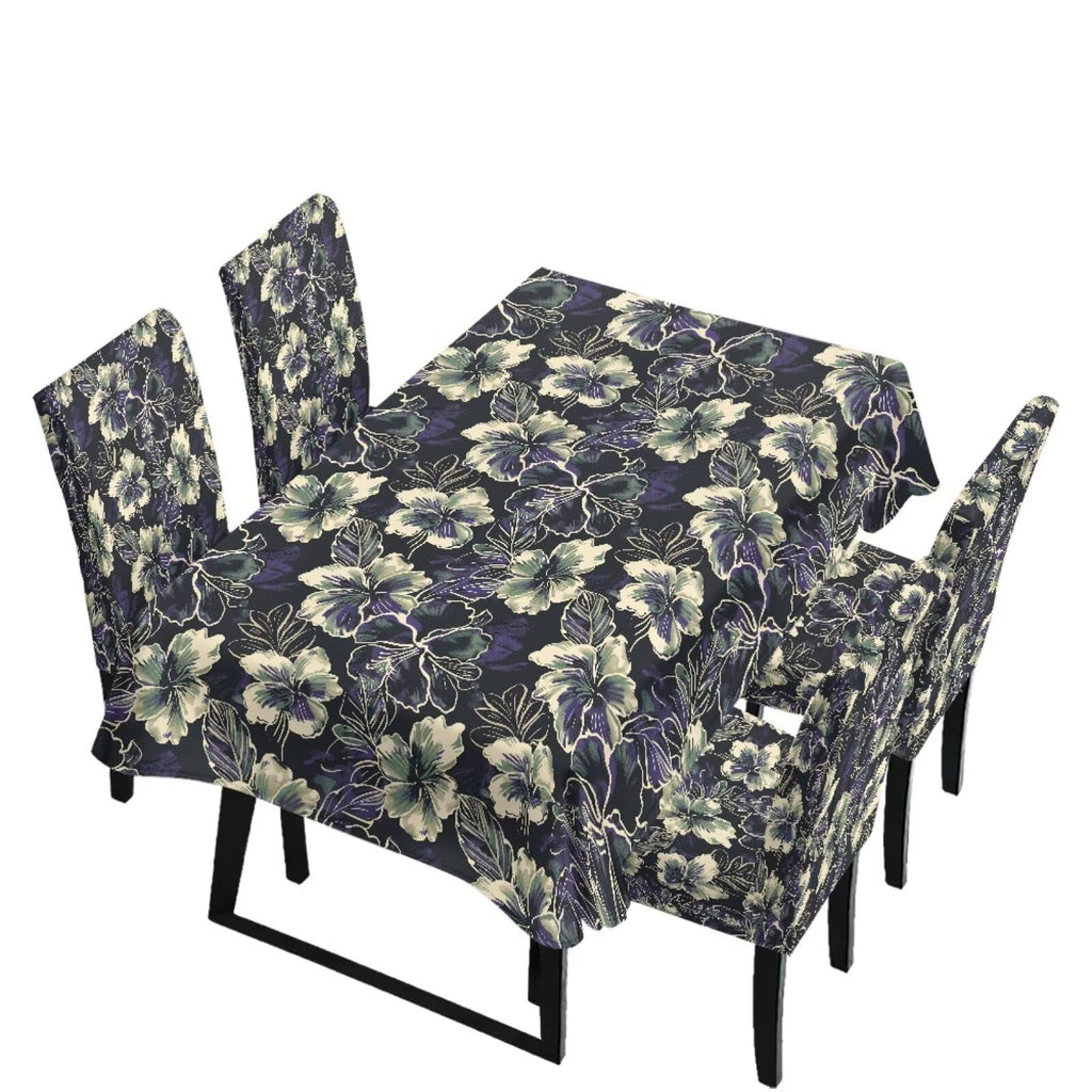 Table Cloth and Dining Chair Covers Set of 5, Kitchen Chair Slipcovers Rectangle Table Cover, Removable Anti-dust Tablecloths Stain Resistant Soft Hotel Decor, Blue Retro Floral