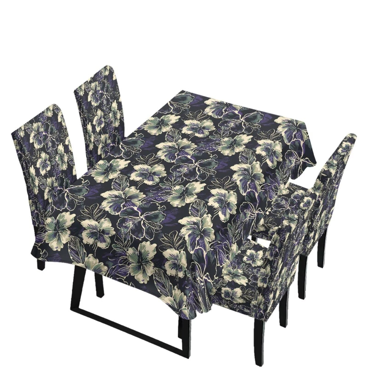 Table Cloth and Dining Chair Covers Set of 5, Kitchen Chair Slipcovers Rectangle Table Cover, Removable Anti-dust Tablecloths Stain Resistant Soft Hotel Decor, Blue Retro Floral