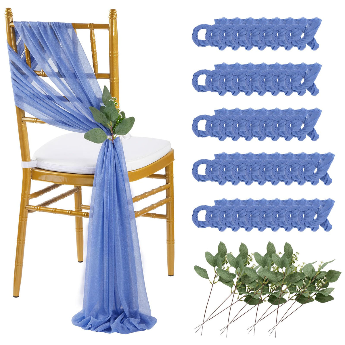 QueenDream White Chair Sashes Wedding Aisle Decorations: 24 Packs 8ft Long Draping Fabric Sheer Church Chair Cover Bulk for Party Banquet