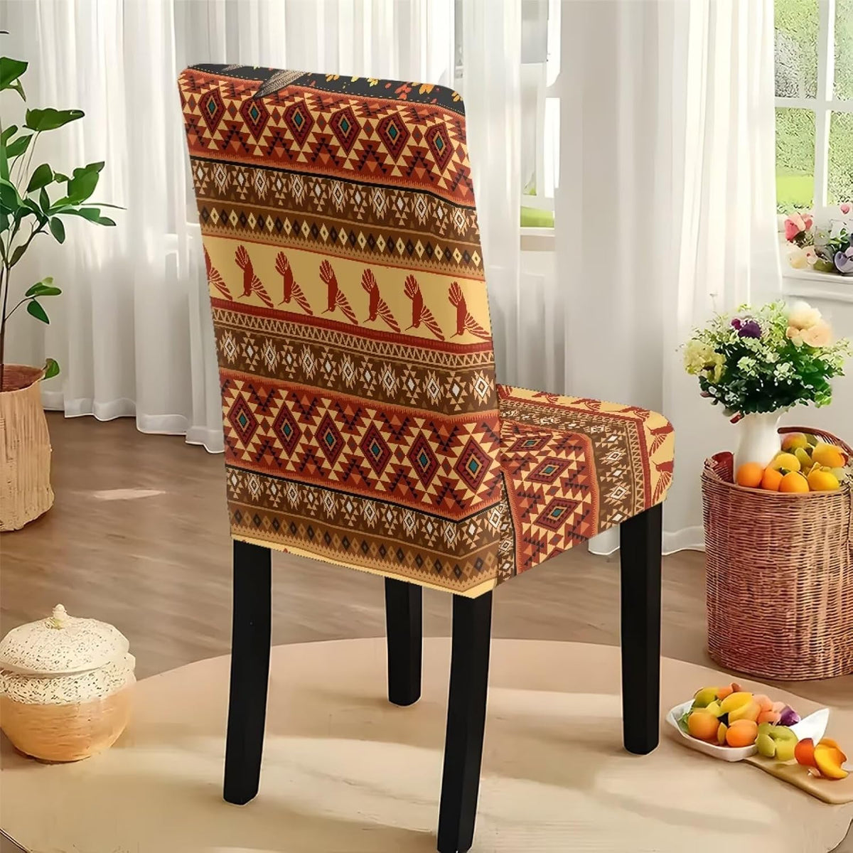 Table Cloth Rectangle Table Set of 5 Include Dining Chair Covers and Tablecloths for Dining Room Banquet, Anti-Scratch Chair Seat Protector Cover, Hummingbird Sunflower Tribe Print