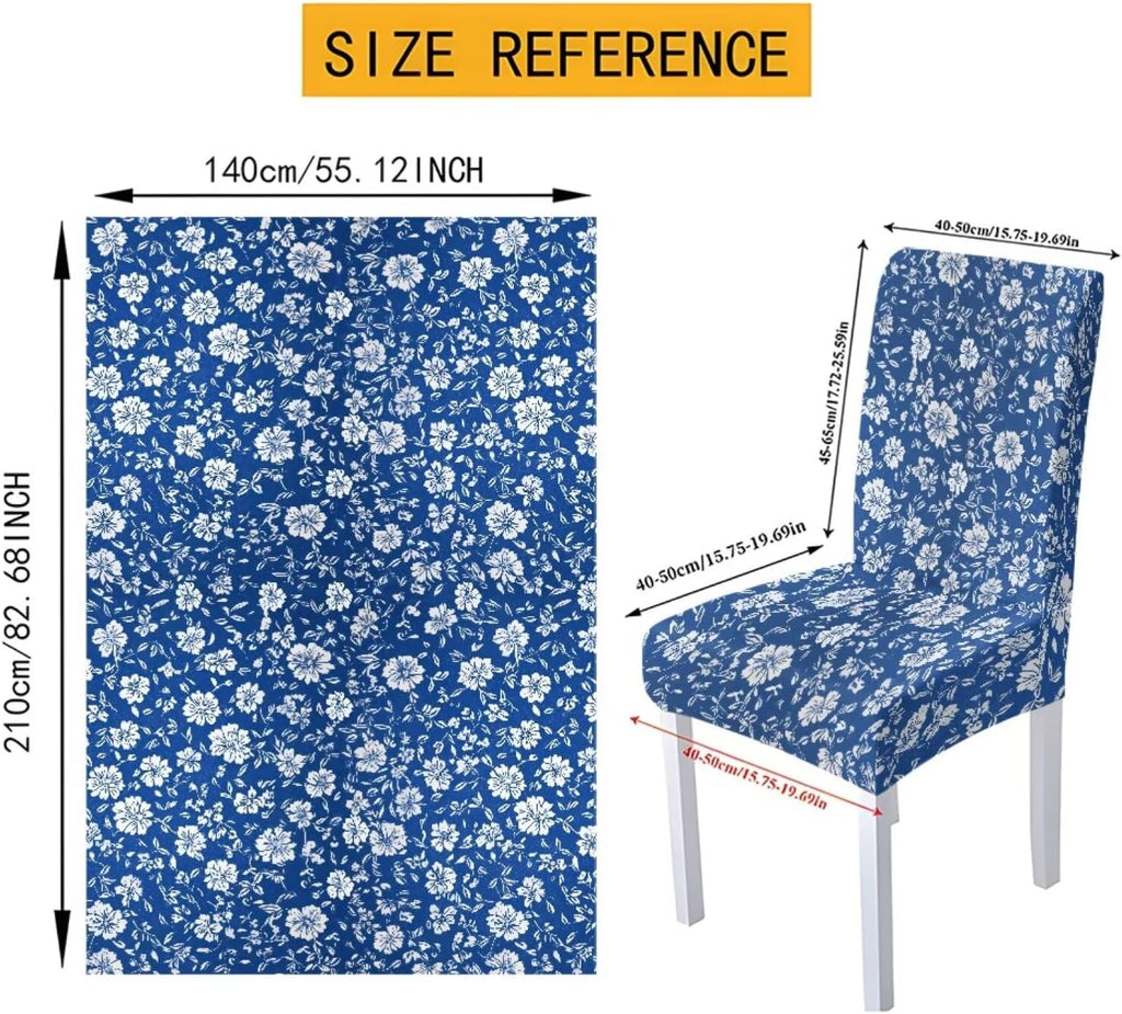 Table Cloth and Dining Chair Covers Set of 5, Kitchen Chair Slipcovers Rectangle Table Cover, Removable Anti-dust Tablecloths Stain Resistant Soft Hotel Decor, Blue Retro Floral