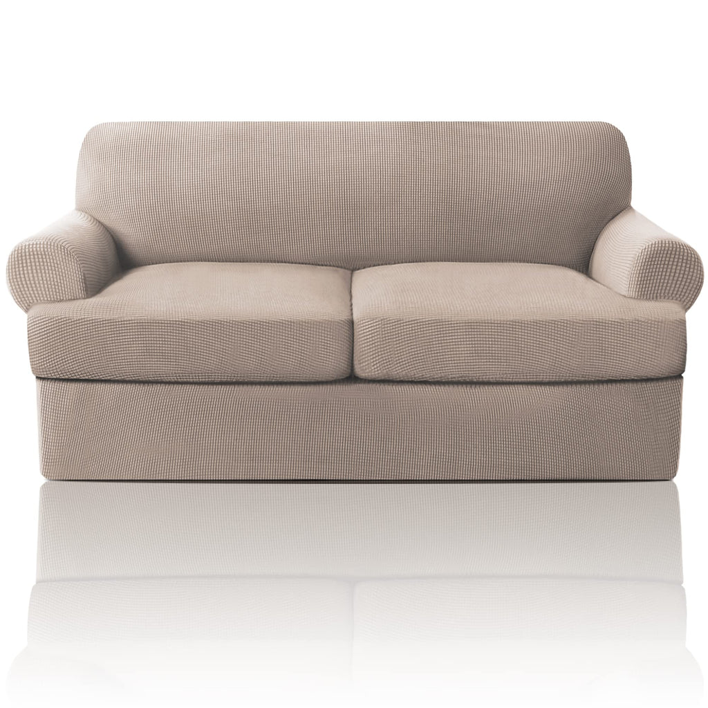 PrinceDeco T Cushion Loveseat Slipcover - 3 Pieces Sofa Cover for 2 Cushion Couch with 2 Individual T Shape Seat Covers Width Up to 76 Inch - Stretch, Machine Washable, Porcelain