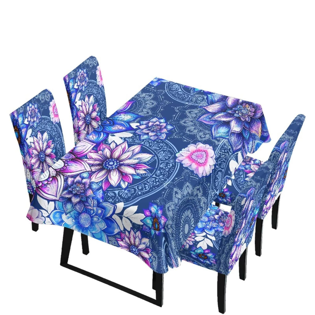 Table Cloth Rectangle Table Set of 7 Include Kitchen Chair Covers and Tablecloths for Dining Room Hotel Banquet, Anti-Scratch Chair Seat Protector Cover, Daisy Hippie Flower Print