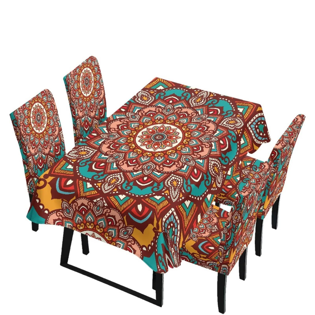 Table Cloth and Dining Chair Covers Set of 5, Kitchen Chair Slipcovers Rectangle Table Cover, Removable Anti-dust Tablecloths Stain Resistant Soft Hotel Decor, Blue Retro Floral