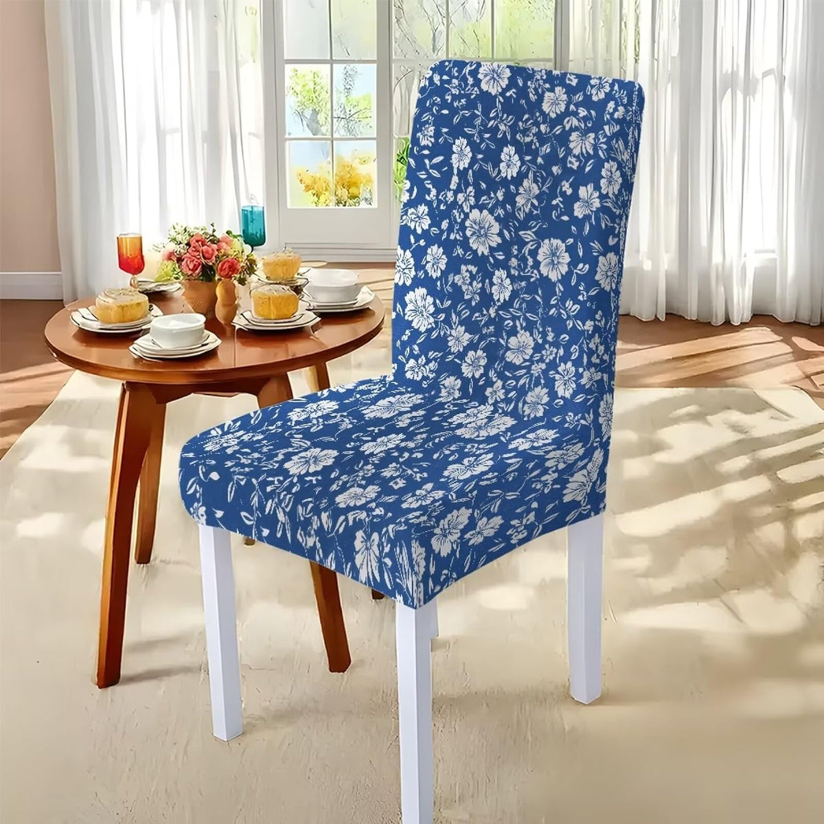 Table Cloth and Dining Chair Covers Set of 5, Kitchen Chair Slipcovers Rectangle Table Cover, Removable Anti-dust Tablecloths Stain Resistant Soft Hotel Decor, Blue Retro Floral
