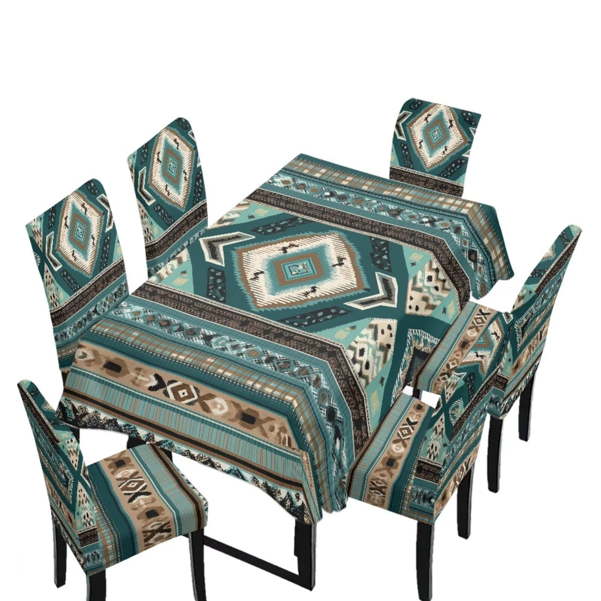 Dining Seat Slipcovers Set of 7 Includes Tablecloths, Removable Dining Room Chair Covers Stain Resistant Table Protector for Home Restaurant, Light Brown Beige Geometry Patchwork