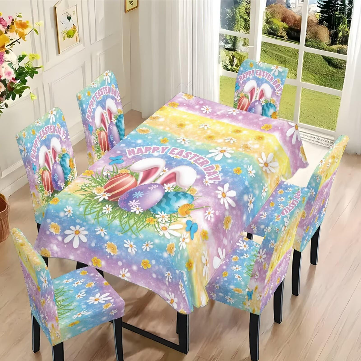 ZDCUSTOM Valentines Table Cloth and Chair Cover Set of 4 Romantic Tablecloths Rectangular Pink Chair Covers for Dining Chairs Stain Resistant Decoration