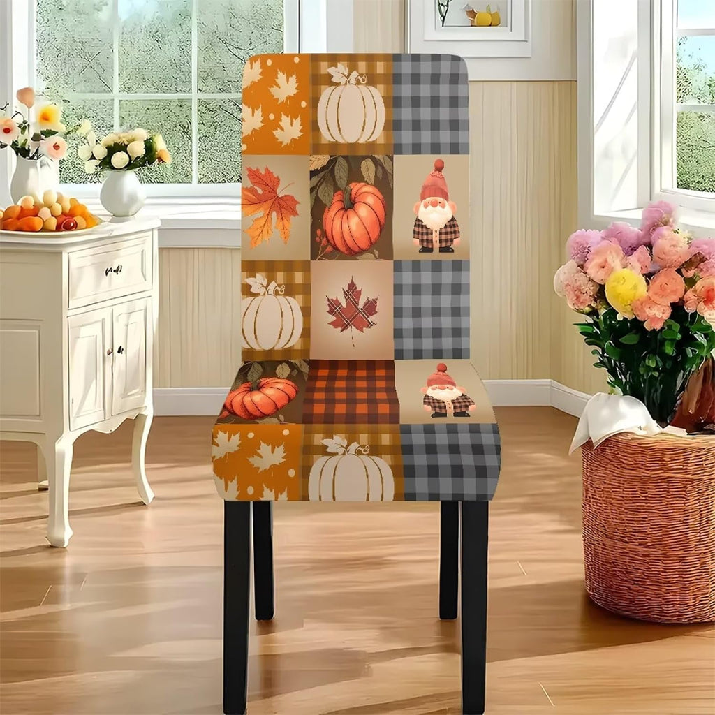 Fall Pumpkin Rectangular Table Cloth & Dining Chair Covers Set of 7, Stain Resistant Wipeable Chair Protectors for Farmhouse Rustic Home Kitchen Party Decor