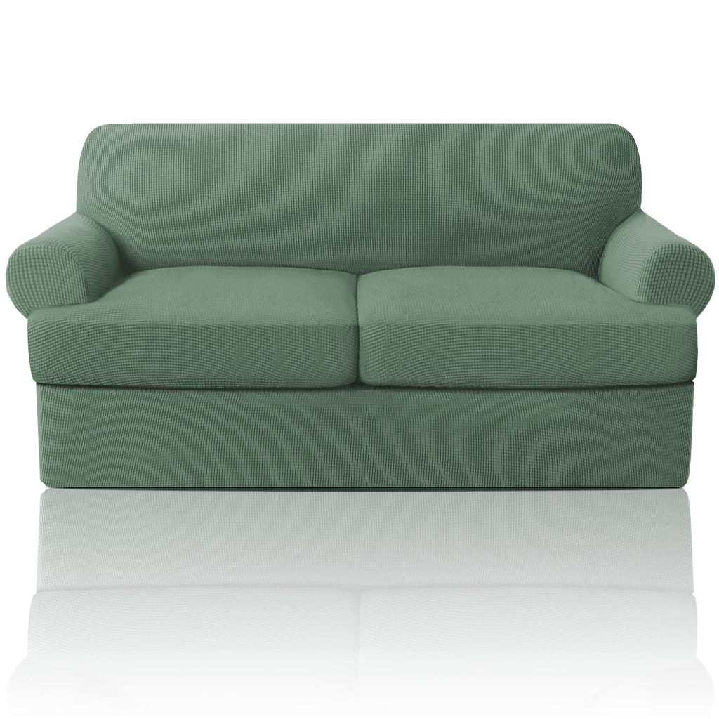 PrinceDeco T Cushion Loveseat Slipcover - 3 Pieces Sofa Cover for 2 Cushion Couch with 2 Individual T Shape Seat Covers Width Up to 76 Inch - Stretch, Machine Washable, Porcelain