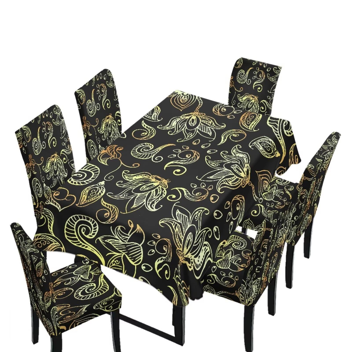 Table Cloth and Dining Chair Covers Set of 5, Kitchen Chair Slipcovers Rectangle Table Cover, Removable Anti-dust Tablecloths Stain Resistant Soft Hotel Decor, Blue Retro Floral