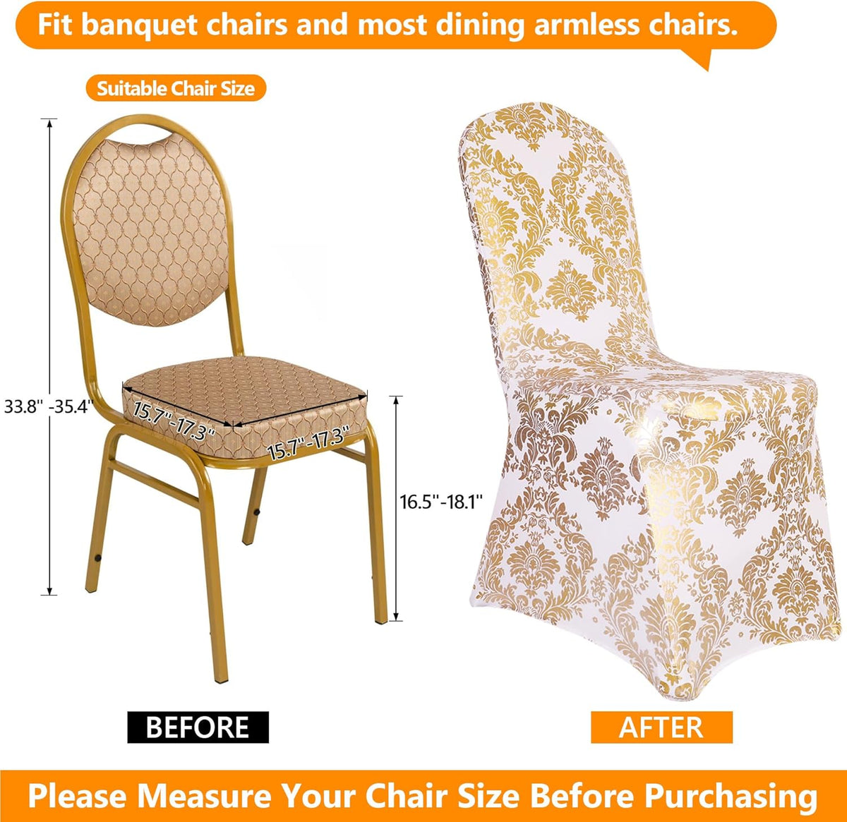 Gold Chair Covers Foil Floral Print, Stretch Fit, 1 Pack