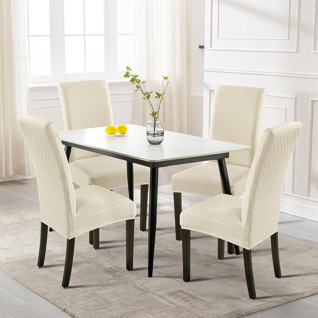 SearchI Dining Room Chair Covers Set of 6, Stretch Jacquard Parsons Chair Slipcovers Super Fit Removable Washable Kitchen Chair Protector Cover for Dining Room, Hotel, Ceremony (Beige Rhombus)