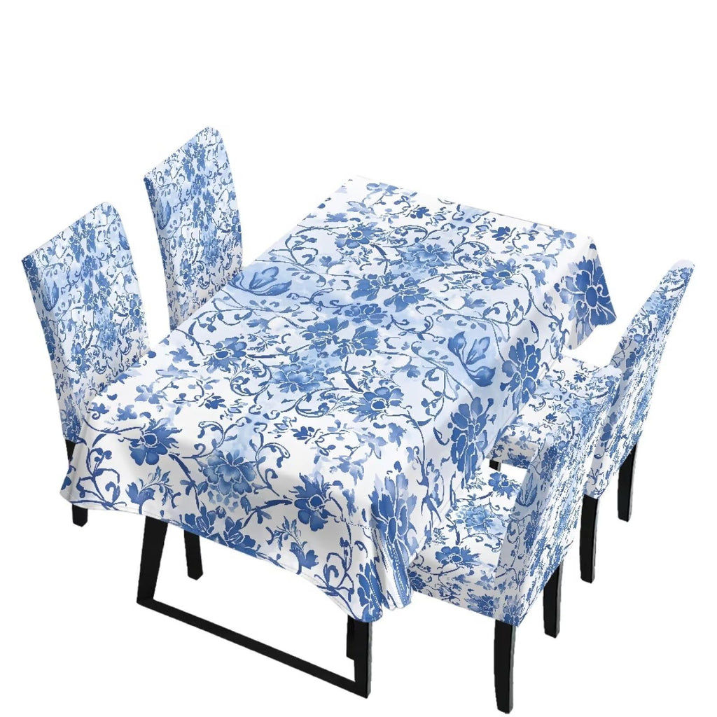 Palm Leaves Rectangular Table Cloth & Dining Chair Covers Set of 5, Stain Resistant Wipeable Chair Protectors for Farmhouse Rustic Home Kitchen Party Decor