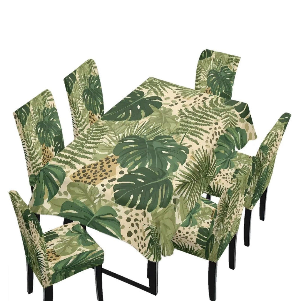 Blue Floral Rectangular Table Cloth & Dining Chair Covers Set of 5, Stain Resistant Wipeable Chair Protectors for Farmhouse Rustic Home Kitchen Party Decor