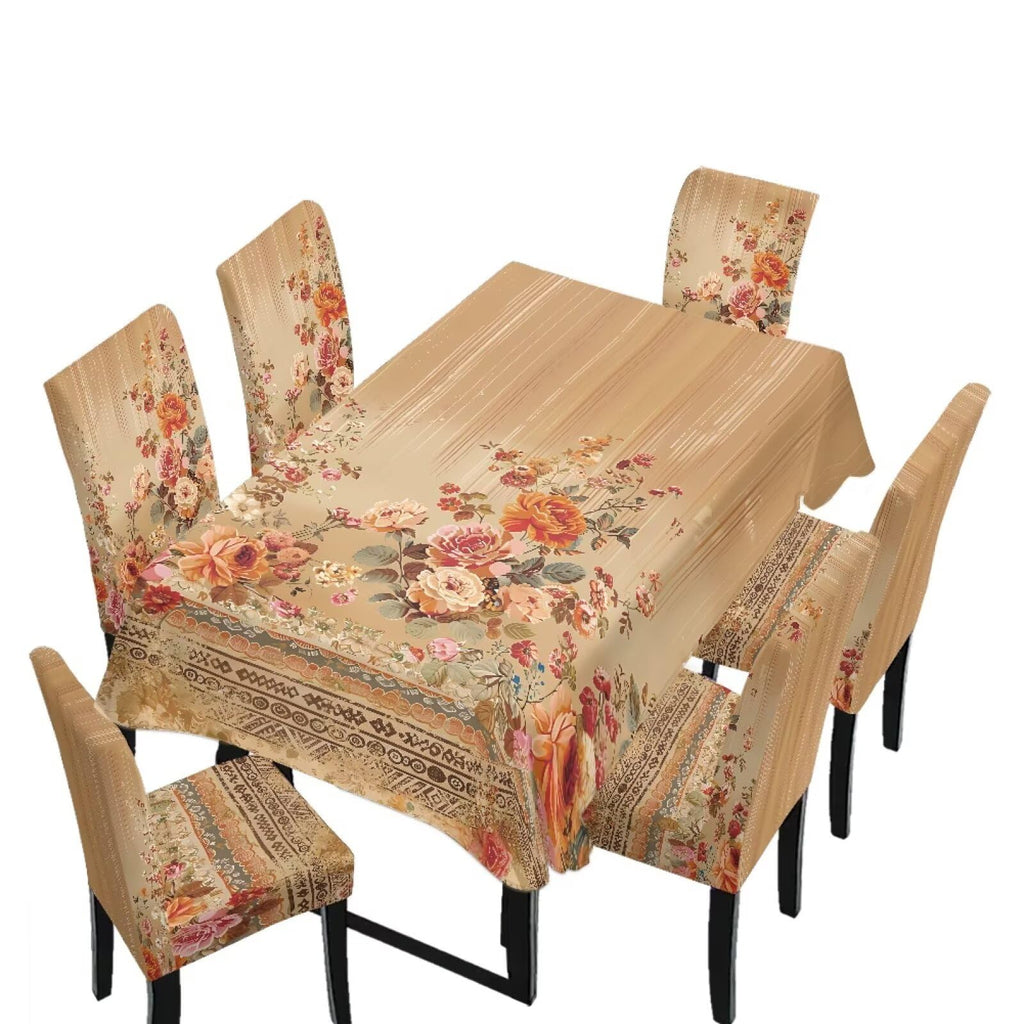Blue Floral Rectangular Table Cloth & Dining Chair Covers Set of 5, Stain Resistant Wipeable Chair Protectors for Farmhouse Rustic Home Kitchen Party Decor