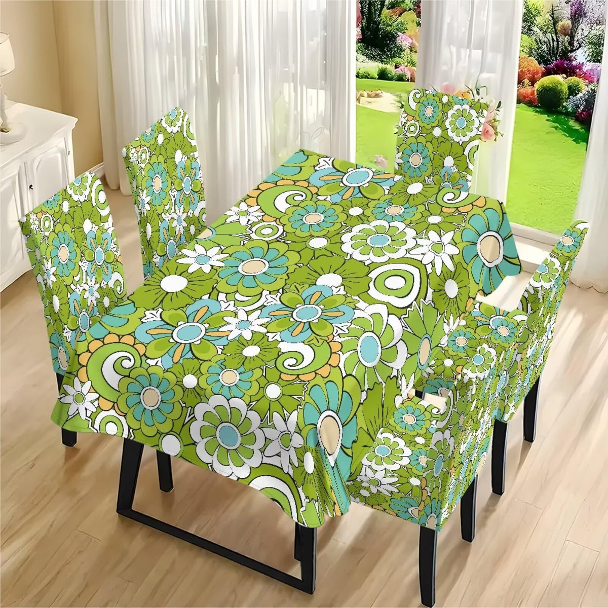 Thanksgiving Themed Dining Room Chair Cover and Tablecloths 5 Packs, Fall Leaf Print Kitchen Chair Seat Slipcovers Anti-Wrinkle Table Protector for Thanksgiving Day Party