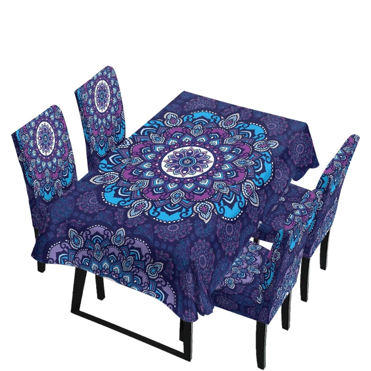 Table Cloth and Dining Chair Covers Set of 5, Kitchen Chair Slipcovers Rectangle Table Cover, Removable Anti-dust Tablecloths Stain Resistant Soft Hotel Decor, Blue Retro Floral