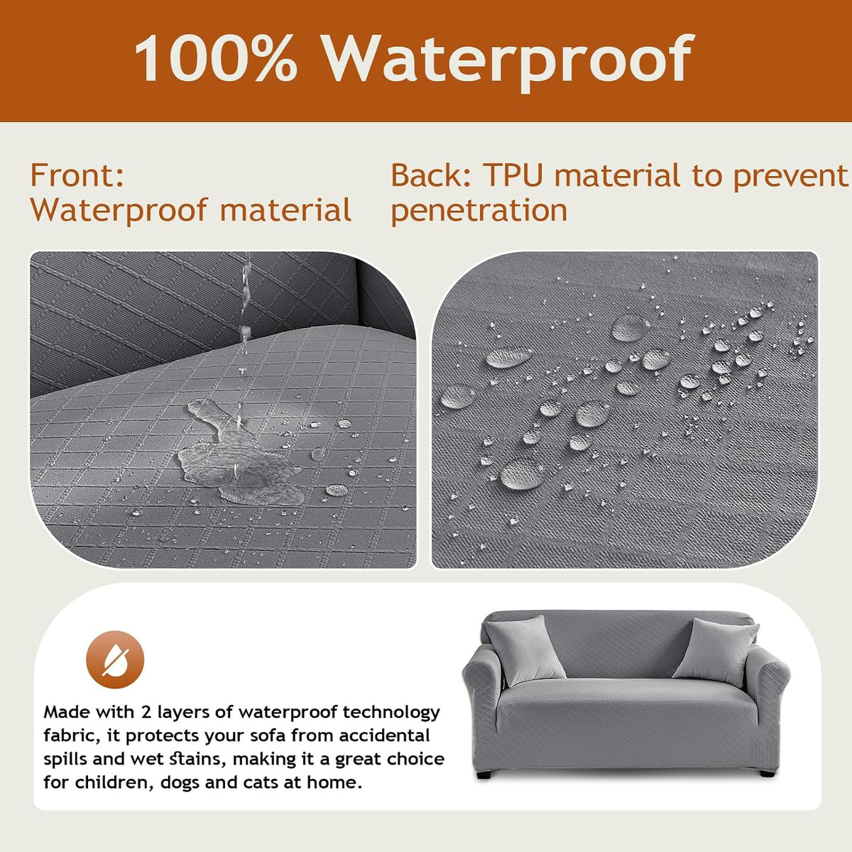 Tokokimo 100% Waterproof Loveseat Couch Cover, Leakproof Furniture Protector for Kids, Pets (Loveseat, Gray) with Extra Fabric Margin, Slipcover Need Tuck Into Couch Crevices