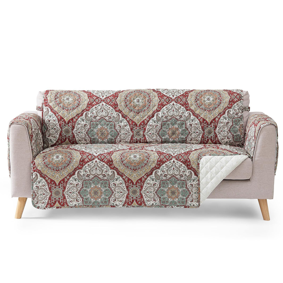 Patchwork Loveseat Covers for 2 Cushion Couch, Soft Quilted Couch Covers, Love Seat Couch Cover Pet Friendly for Sofa Couches, Washable Loveseat Slipcovers (Loveseat 48", Patchwork Red)