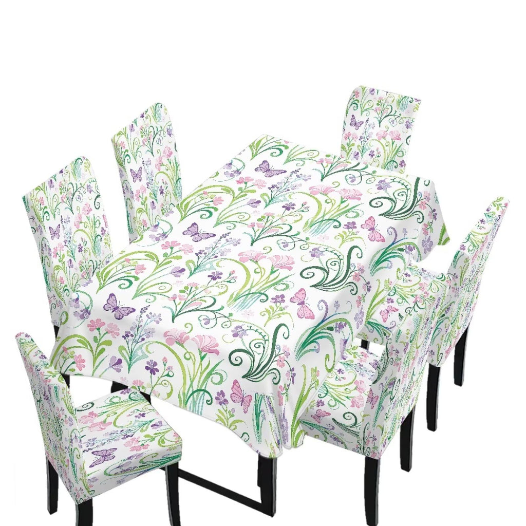 Table Cloth Rectangle Table Set of 7 Include Kitchen Chair Covers and Tablecloths for Dining Room Hotel Banquet, Anti-Scratch Chair Seat Protector Cover, Daisy Hippie Flower Print