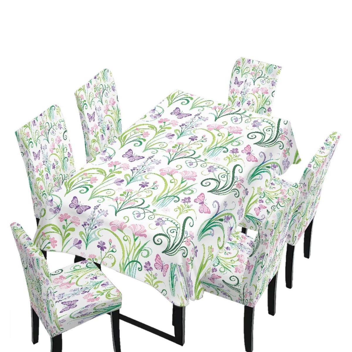 Table Cloth Rectangle Table Set of 7 Include Kitchen Chair Covers and Tablecloths for Dining Room Hotel Banquet, Anti-Scratch Chair Seat Protector Cover, Daisy Hippie Flower Print
