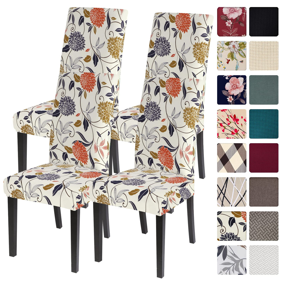 SearchI Chair Covers Slipcovers Set of 4, Spandex Super Fit Stretch Removable Washable Kitchen Parsons Protector for Dining Room,Hotel,Ceremony,Beige+Flowers
