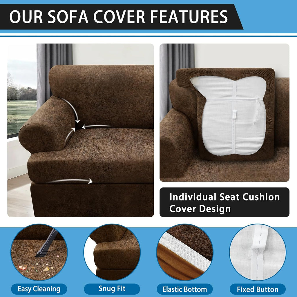 3-Pieces T Cushion Loveseat Slipcovers Leather Look Couch Cover Loveseat Covers for 2 Cushion Couch Furniture Protector Stretch Sofa Cover with 2 Individual T Cushion Seat Covers, Brown