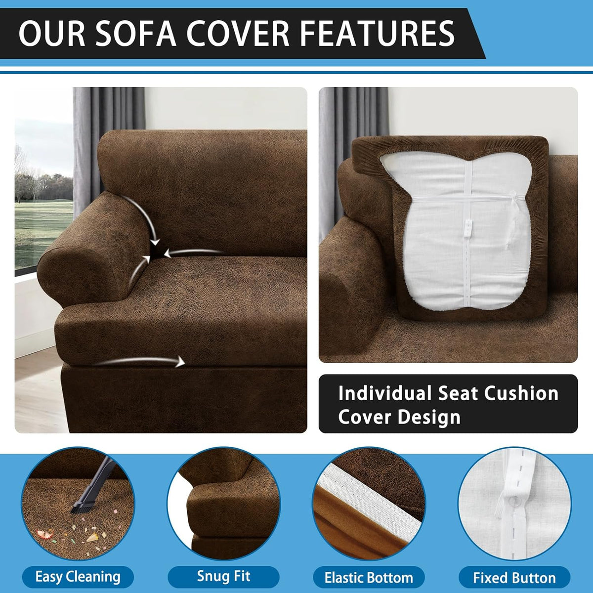 3-Pieces T Cushion Loveseat Slipcovers Leather Look Couch Cover Loveseat Covers for 2 Cushion Couch Furniture Protector Stretch Sofa Cover with 2 Individual T Cushion Seat Covers, Brown