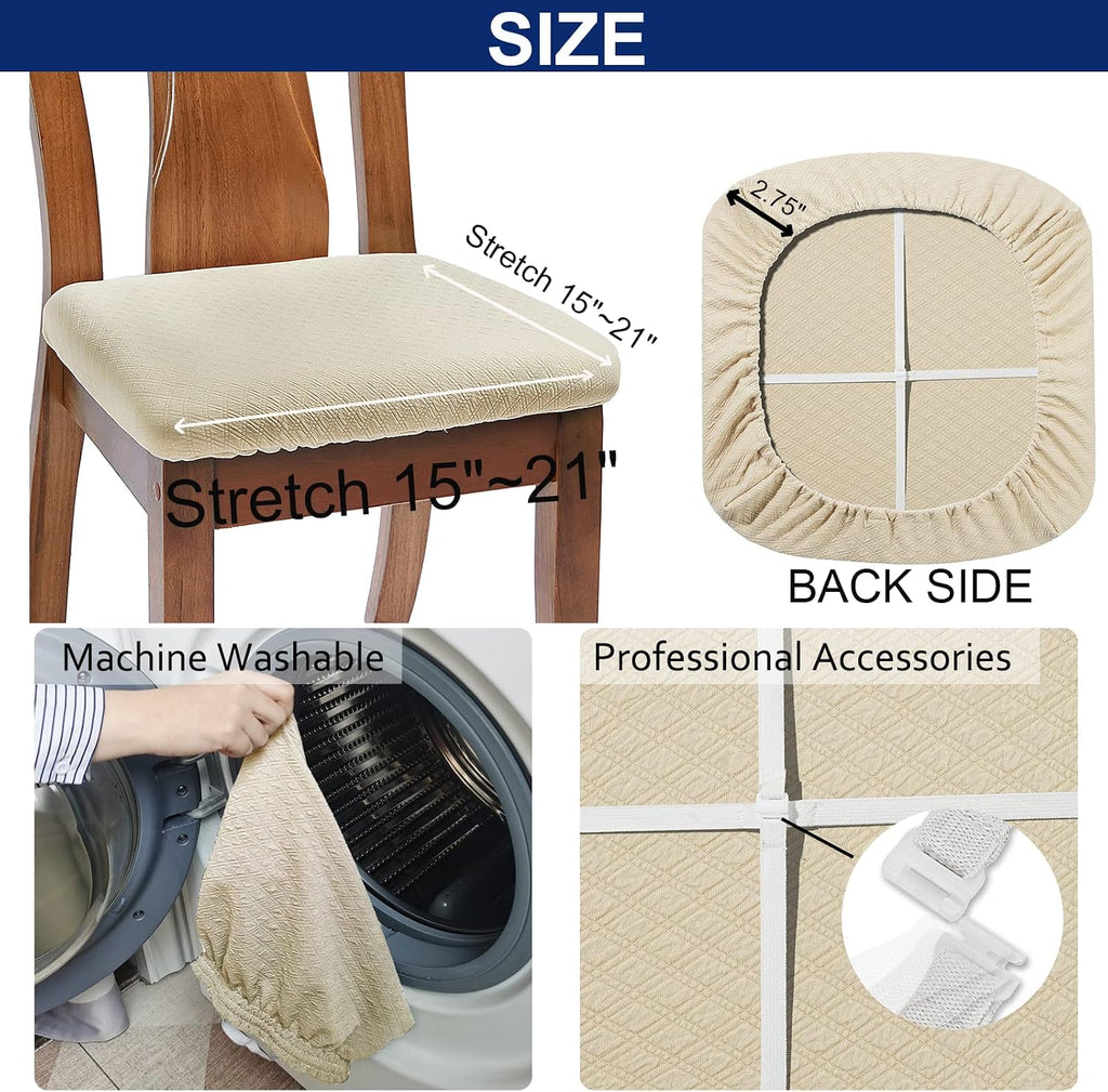 BUYUE Dining Room Chair Seat Covers Set of 6, TPU not Mixed, Friendly Jacquard Fabric Stretch Washable Slipcover for Kitchen Seat Cushions, Beige-6PCS