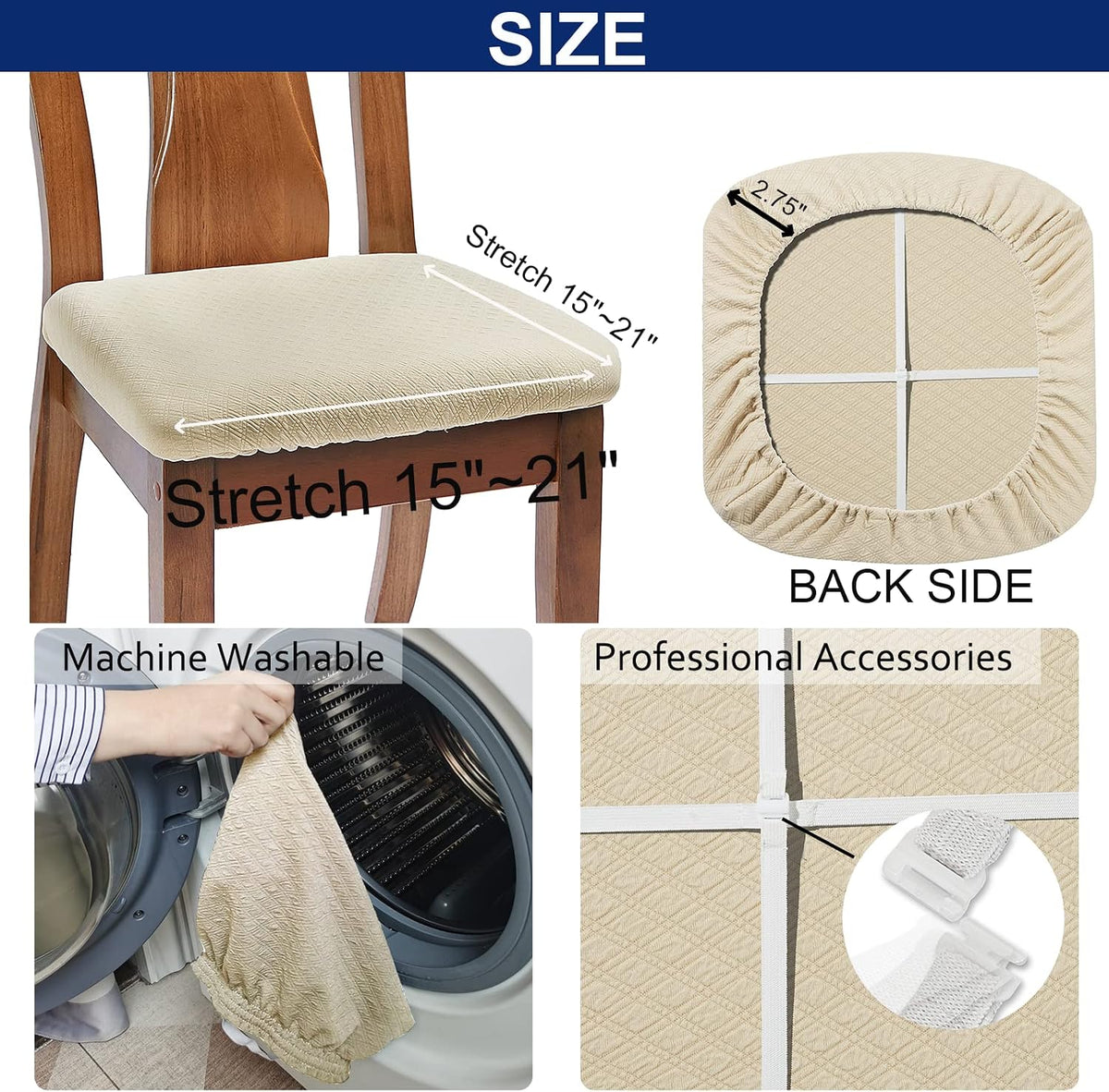 BUYUE Dining Room Chair Seat Covers Set of 6, TPU not Mixed, Friendly Jacquard Fabric Stretch Washable Slipcover for Kitchen Seat Cushions, Beige-6PCS
